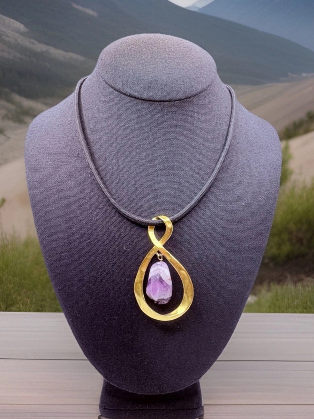 Vintage Amethyst Pendant In Matte Goldtone Infinity Symbol Black Cord 24”